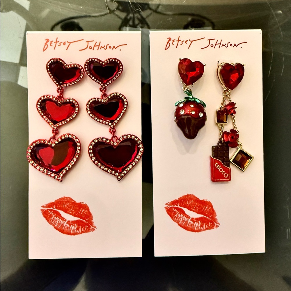 Betsey Johnson Red Heart and Strawberry Earrings Set